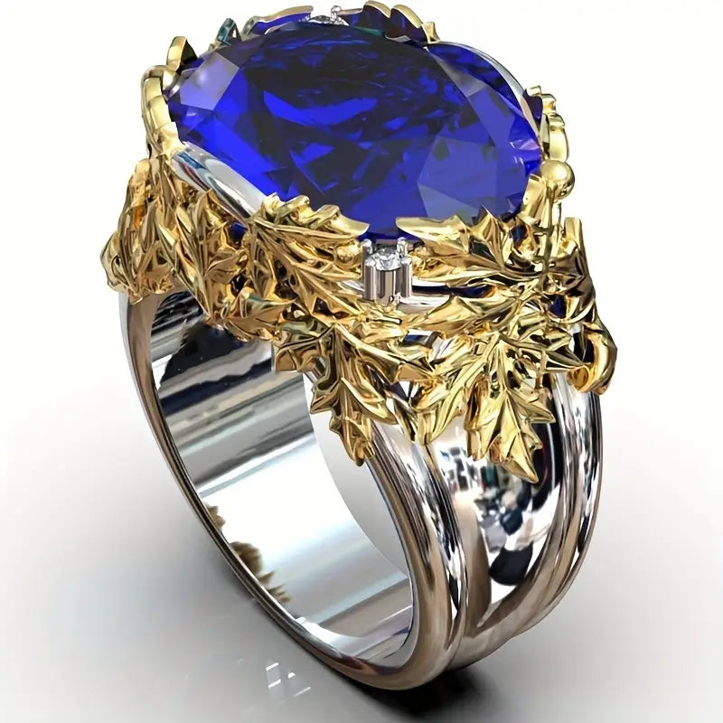 Anello d'argento vintage in vetro blu con foglie d'oro