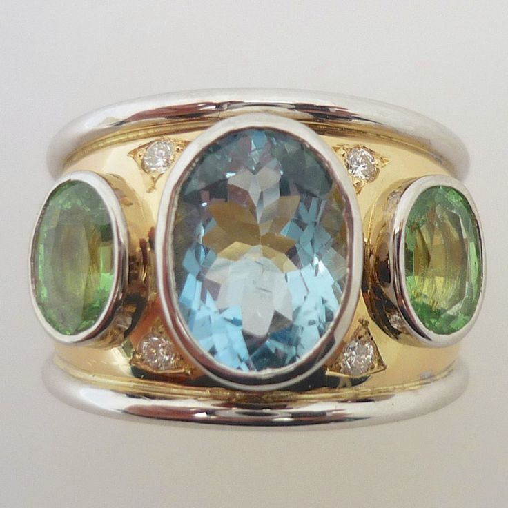 Anello vintage in oro e argento blu e verde