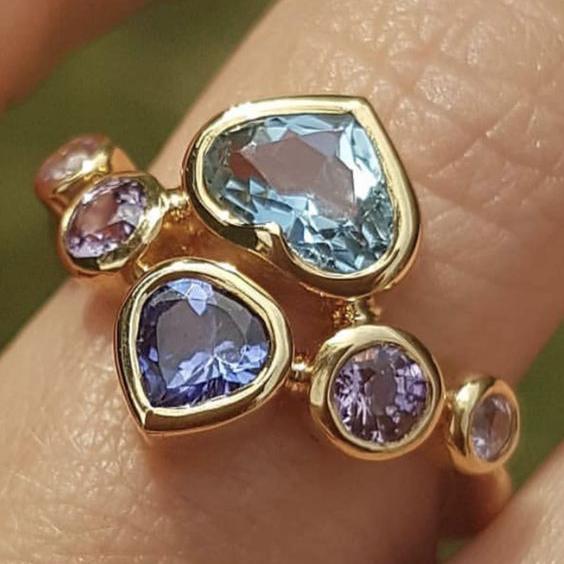 Anello di vetro vintage con goccia a cuore blu