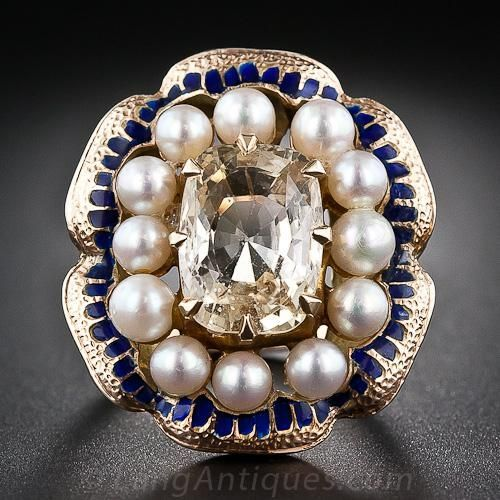 Anello vintage con perle e vetro blu