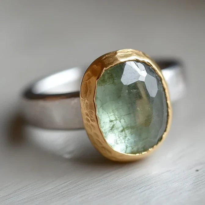 Anello vintage con pietra verde in oro e argento forgiato