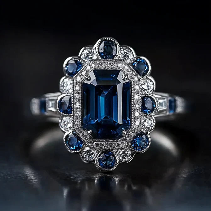 Anello d'argento con mandala di cristallo blu vintage