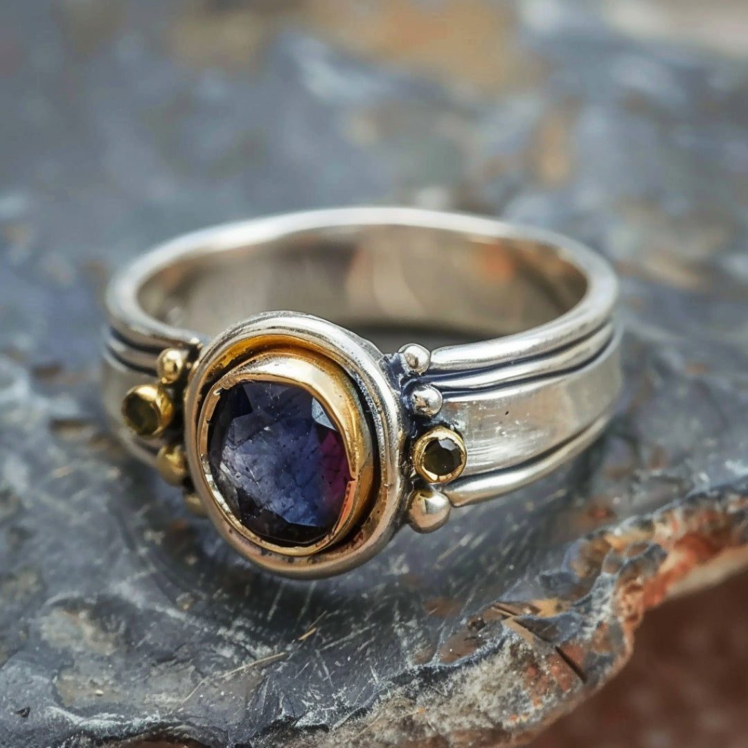 Anello in argento con intarsio di pietre blu