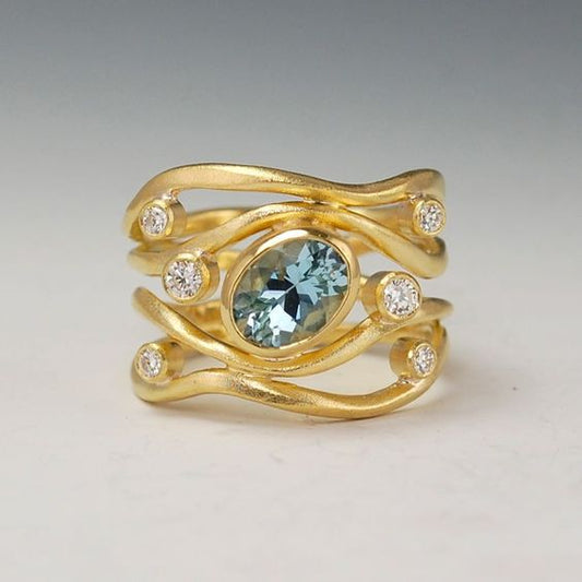 Anello d'oro in vetro blu vintage a strati