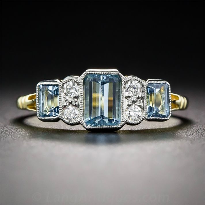 Anello d'oro vintage in vetro cubico blu e bianco