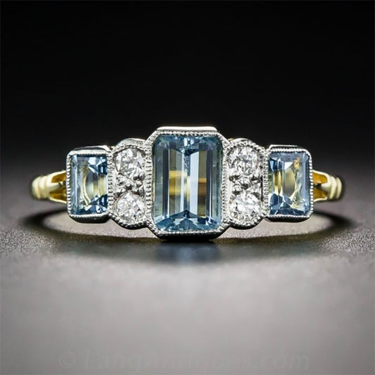 Anello d'oro vintage in vetro cubico blu e bianco