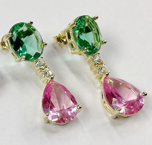 Orecchini vintage a goccia rosa con zirconi verdi