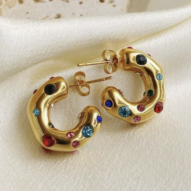 Orecchini vintage con cristalli intarsiati colorati in oro