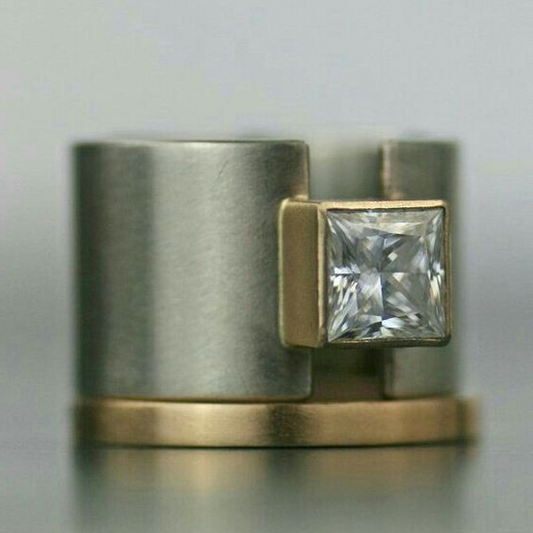 Anello d'argento vintage con intarsio di vetro e oro