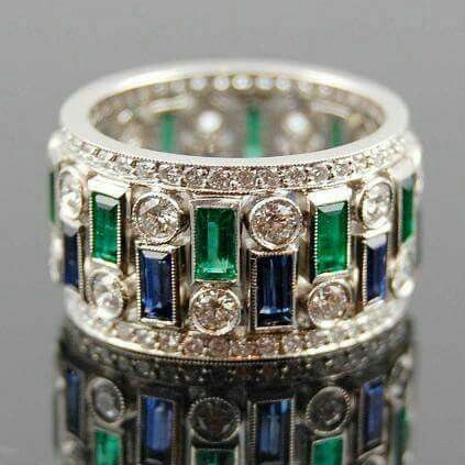 Anello vintage in cristallo verde e blu