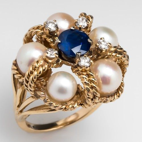 Anello vintage con zirconi blu e perle