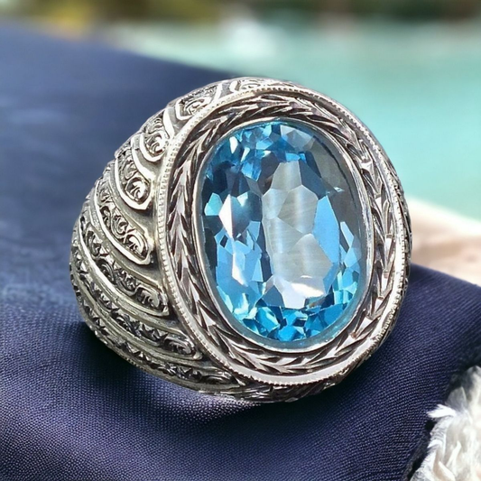 Anello d'argento vintage con sigillo in cristallo blu